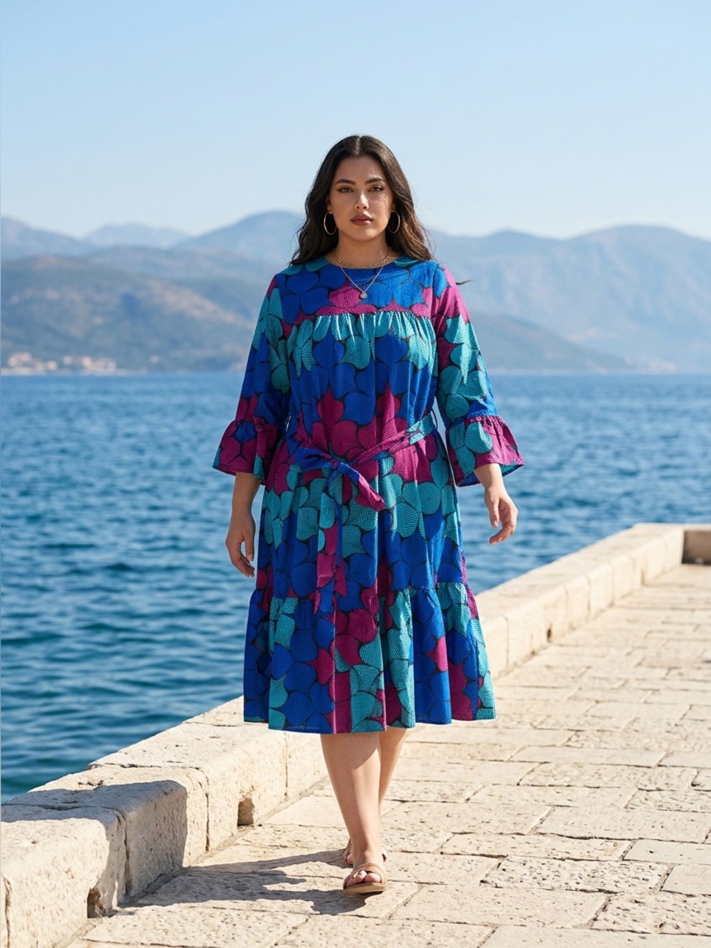Vibrant Blue & Pink Patterned Women's Dress